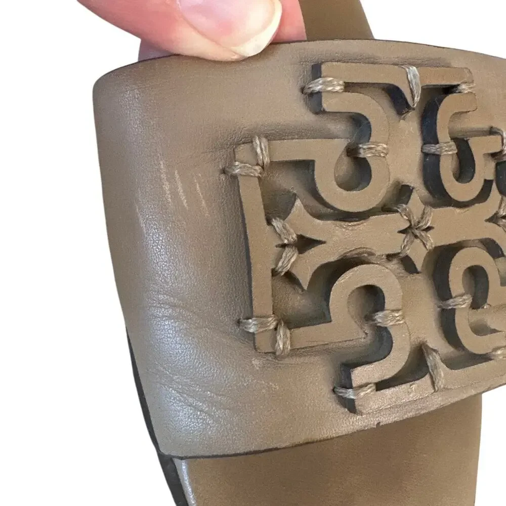 Tory Burch Ines Leather Slides Almond Beige Sandals 9